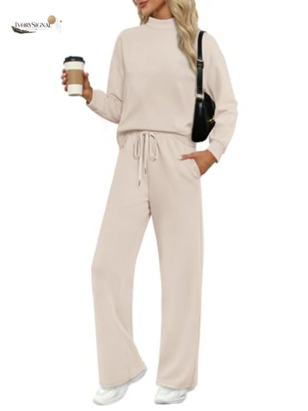 Women's Two Piece Lounge Set - Mock Neck Long Sleeve Top & Wide Leg Pants with
